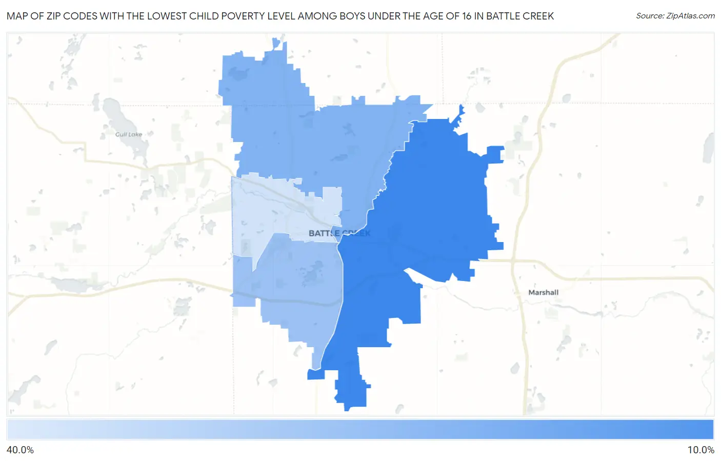 Zip Codes with the Lowest Child Poverty Level Among Boys Under the Age of 16 in Battle Creek Map