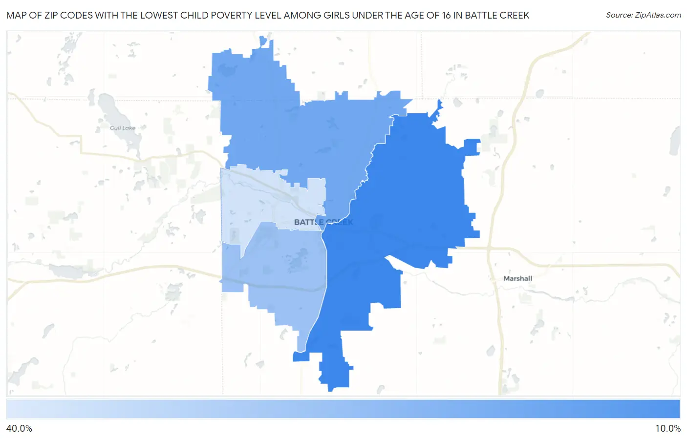 Zip Codes with the Lowest Child Poverty Level Among Girls Under the Age of 16 in Battle Creek Map