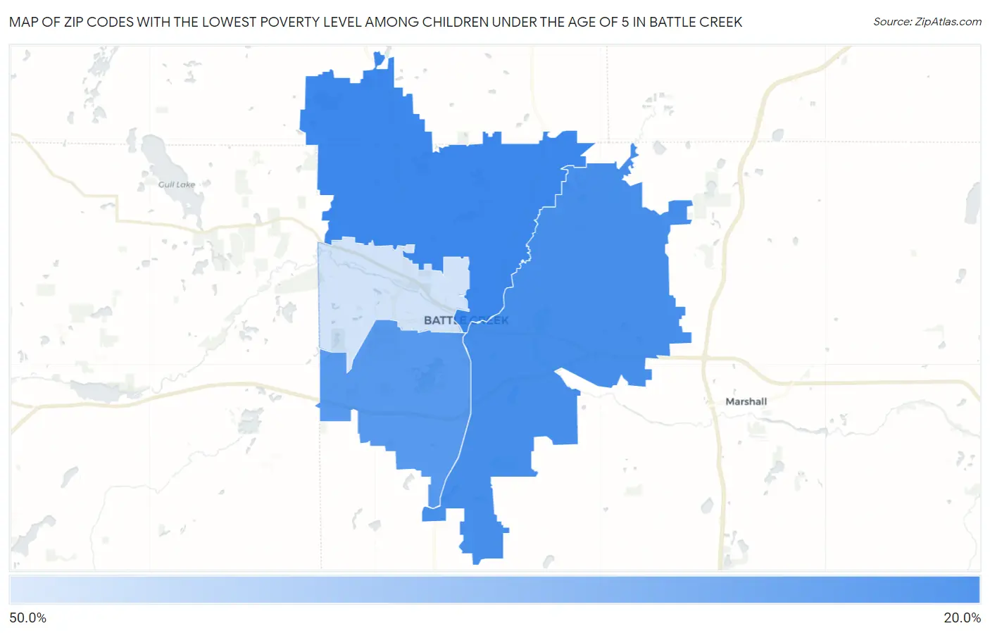 Zip Codes with the Lowest Poverty Level Among Children Under the Age of 5 in Battle Creek Map