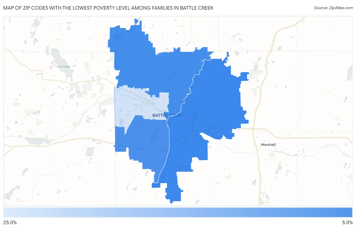 Zip Codes with the Lowest Poverty Level Among Families in Battle Creek Map