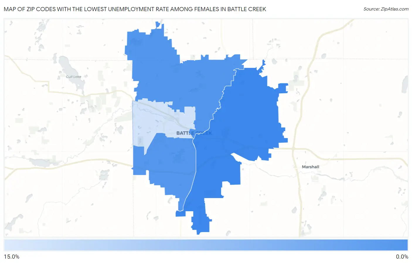 Zip Codes with the Lowest Unemployment Rate Among Females in Battle Creek Map
