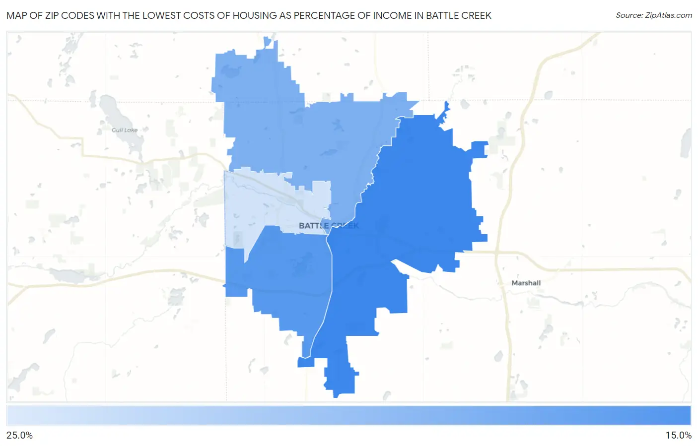 Zip Codes with the Lowest Costs of Housing as Percentage of Income in Battle Creek Map