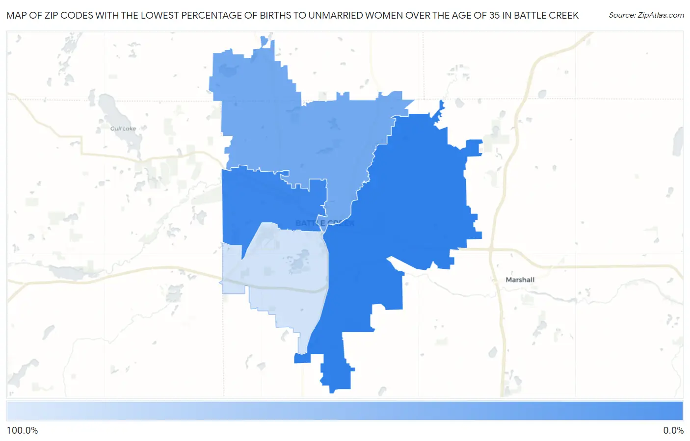 Zip Codes with the Lowest Percentage of Births to Unmarried Women over the Age of 35 in Battle Creek Map