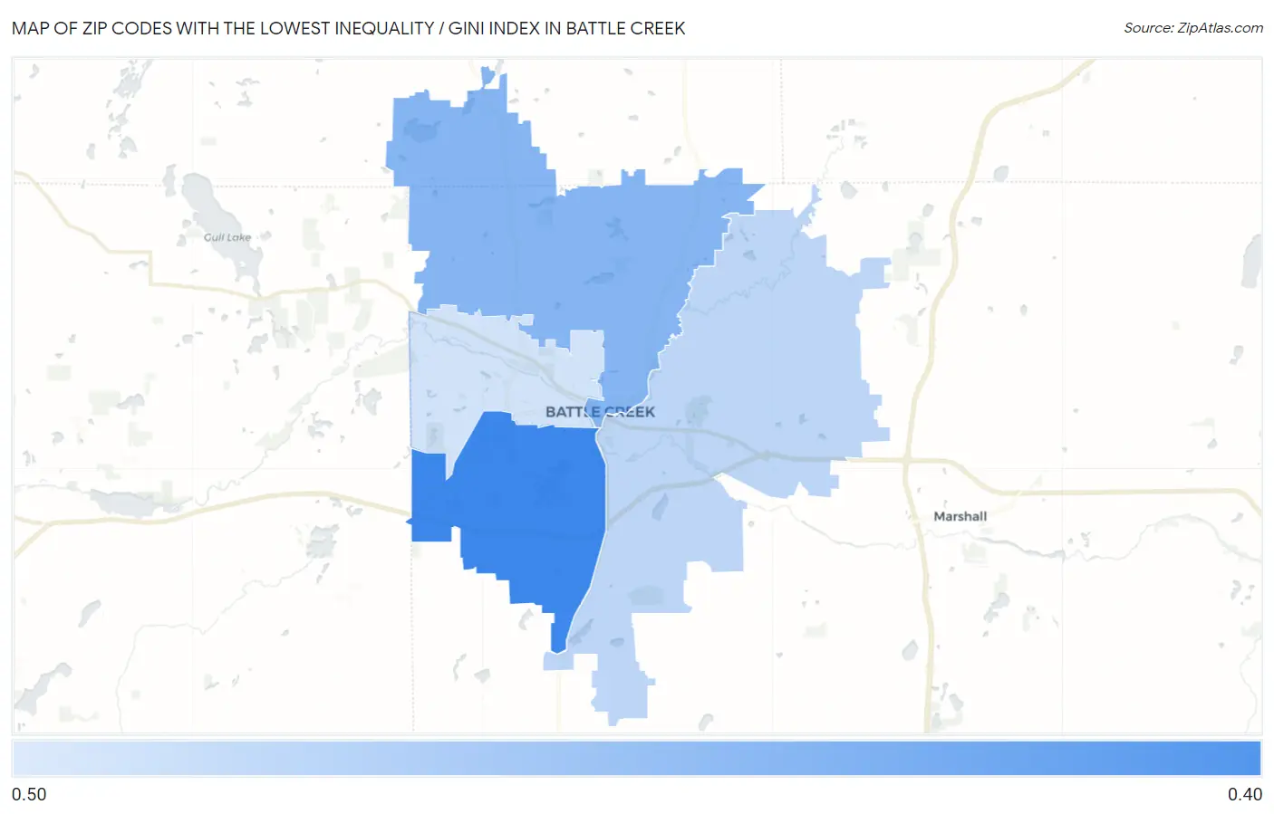 Zip Codes with the Lowest Inequality / Gini Index in Battle Creek Map