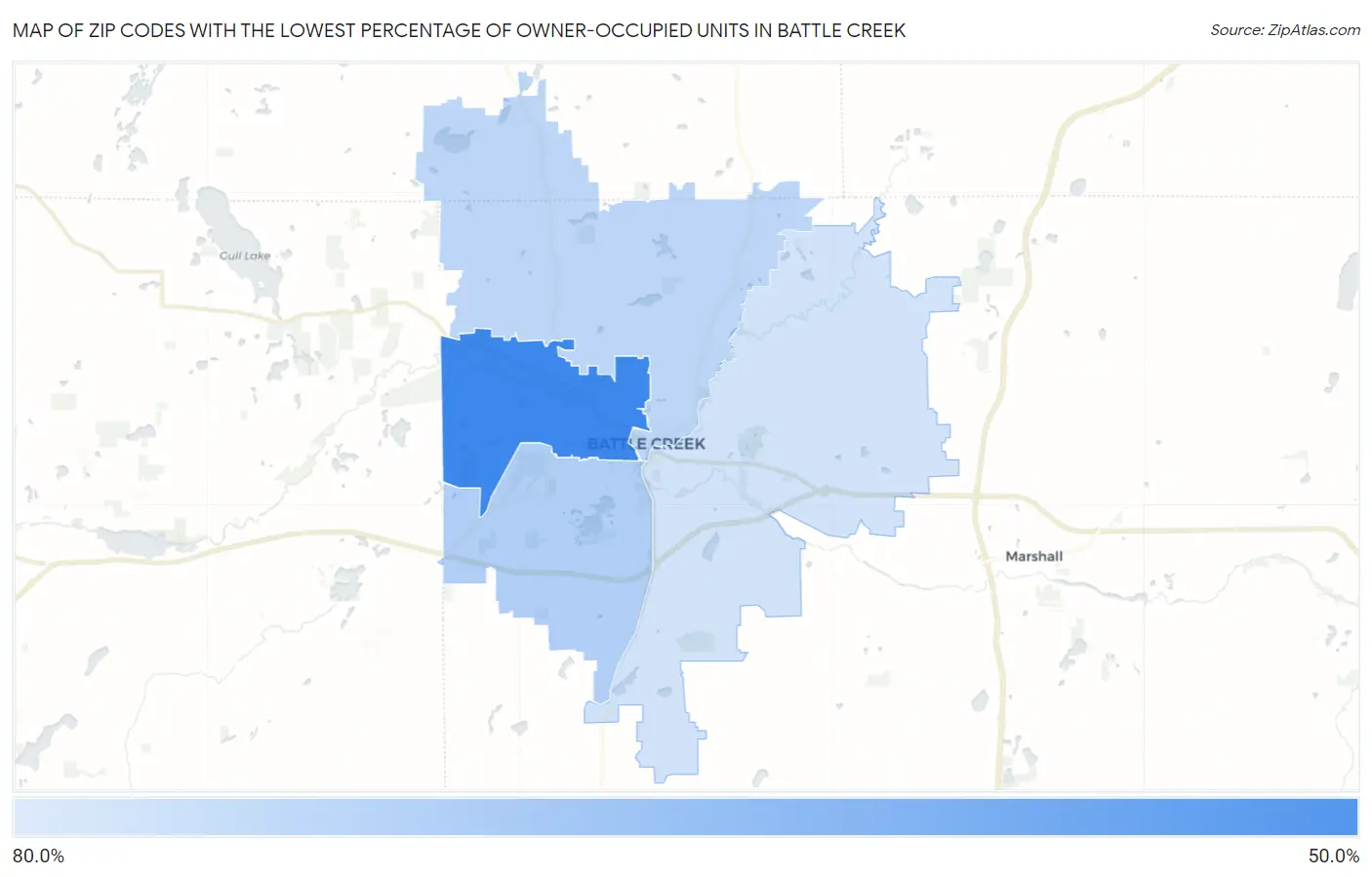 Zip Codes with the Lowest Percentage of Owner-Occupied Units in Battle Creek Map