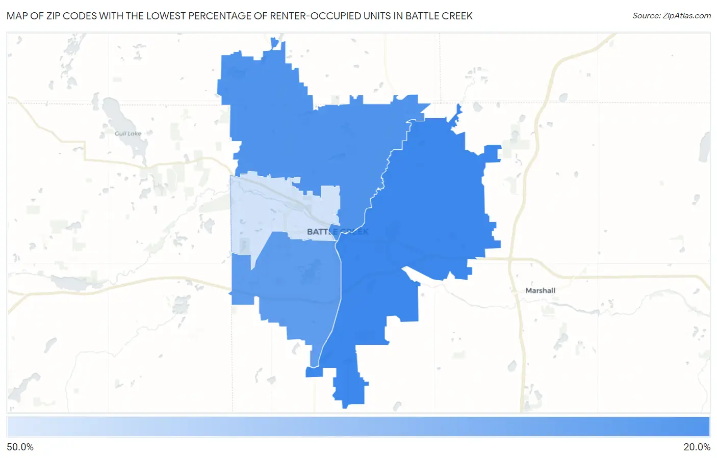Zip Codes with the Lowest Percentage of Renter-Occupied Units in Battle Creek Map