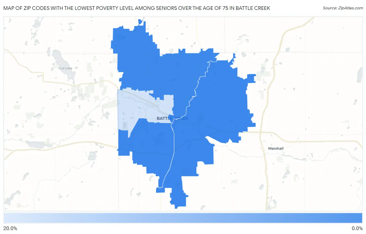 Zip Codes with the Lowest Poverty Level Among Seniors Over the Age of 75 in Battle Creek Map