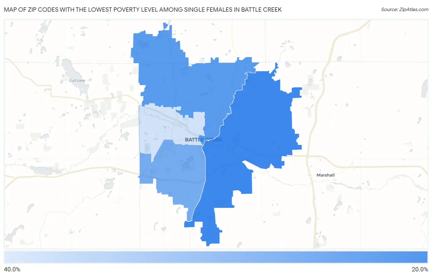 Zip Codes with the Lowest Poverty Level Among Single Females in Battle Creek Map