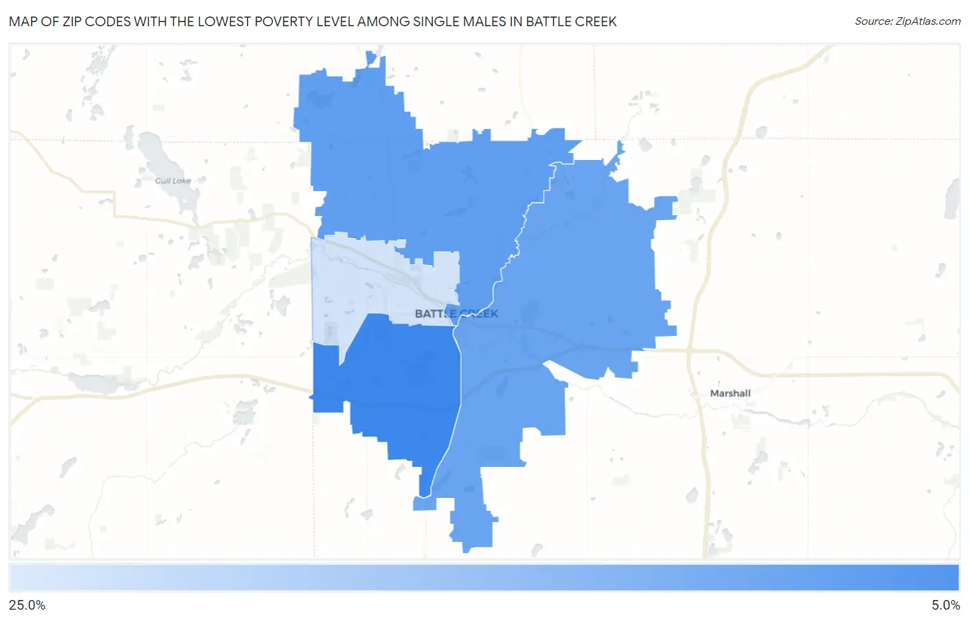 Zip Codes with the Lowest Poverty Level Among Single Males in Battle Creek Map