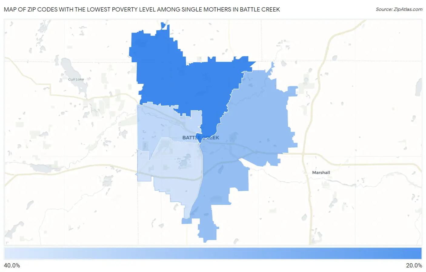Zip Codes with the Lowest Poverty Level Among Single Mothers in Battle Creek Map