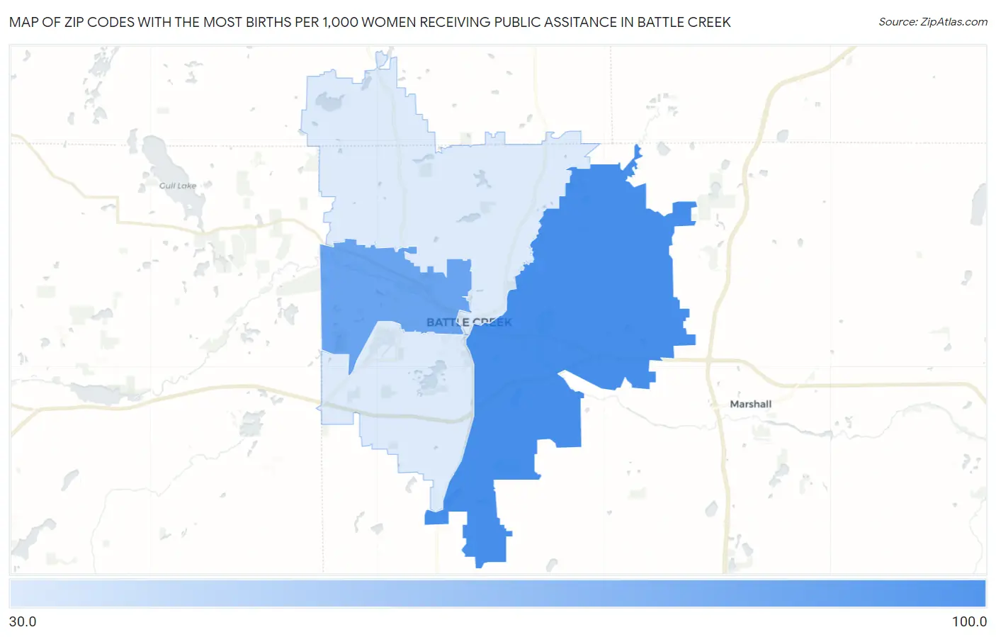 Zip Codes with the Most Births per 1,000 Women Receiving Public Assitance in Battle Creek Map