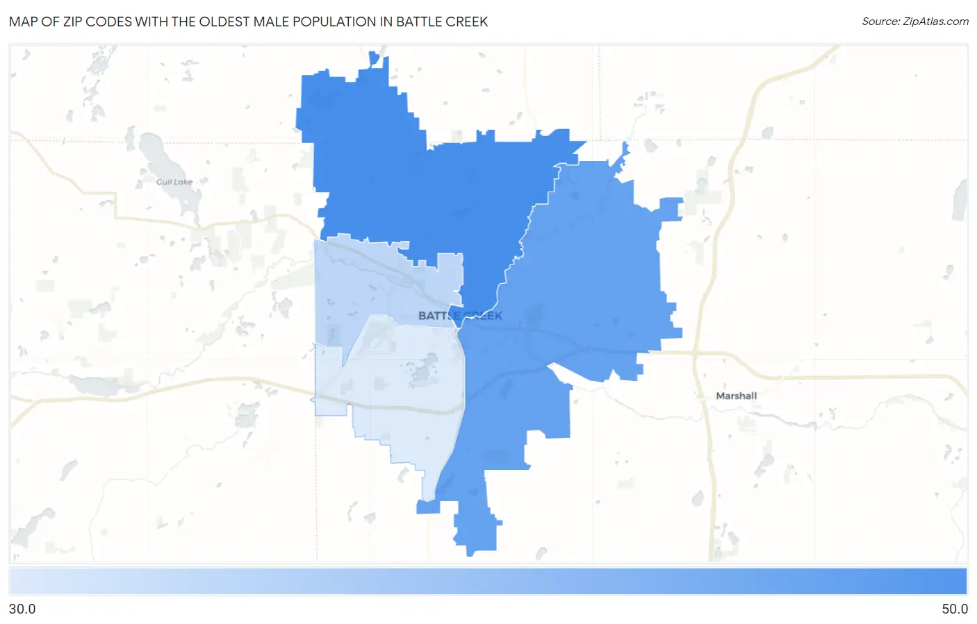 Zip Codes with the Oldest Male Population in Battle Creek Map
