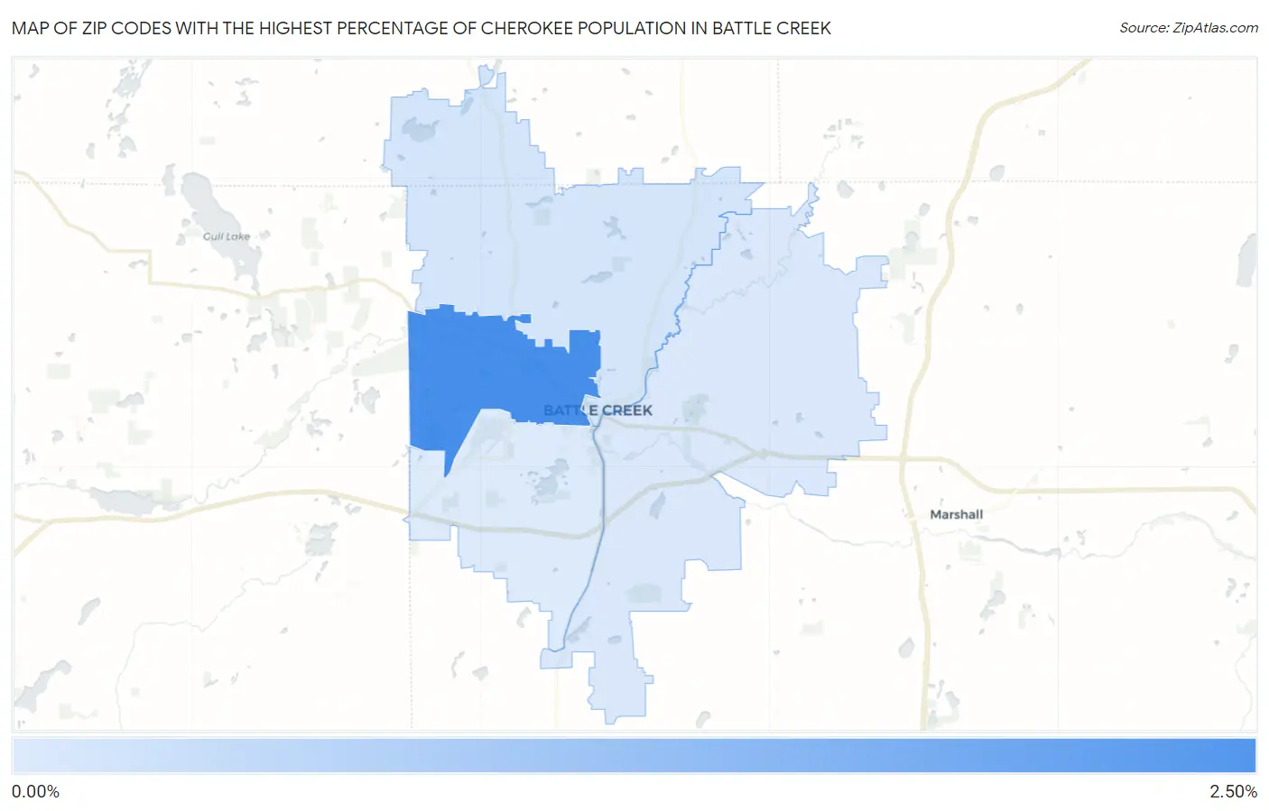 Zip Codes with the Highest Percentage of Cherokee Population in Battle Creek Map
