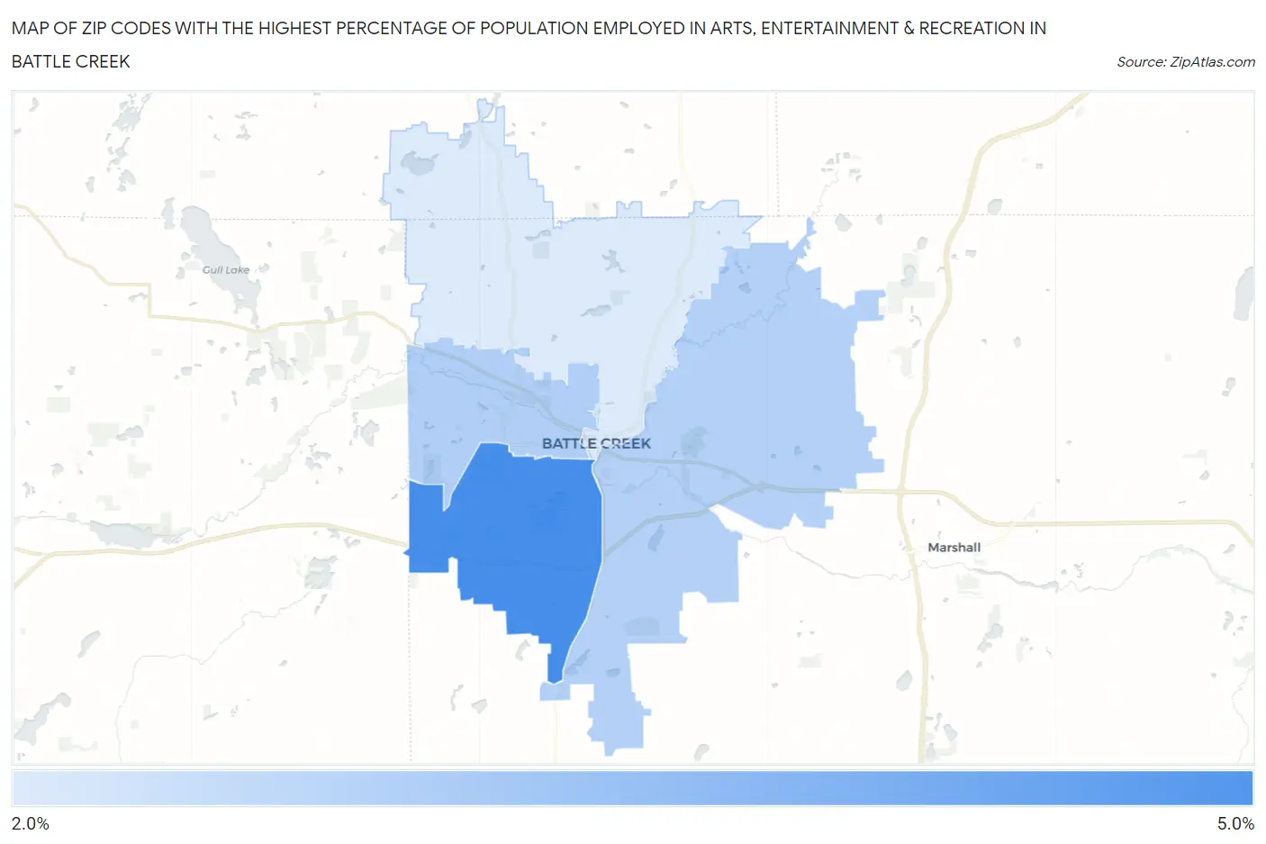 Zip Codes with the Highest Percentage of Population Employed in Arts, Entertainment & Recreation in Battle Creek Map