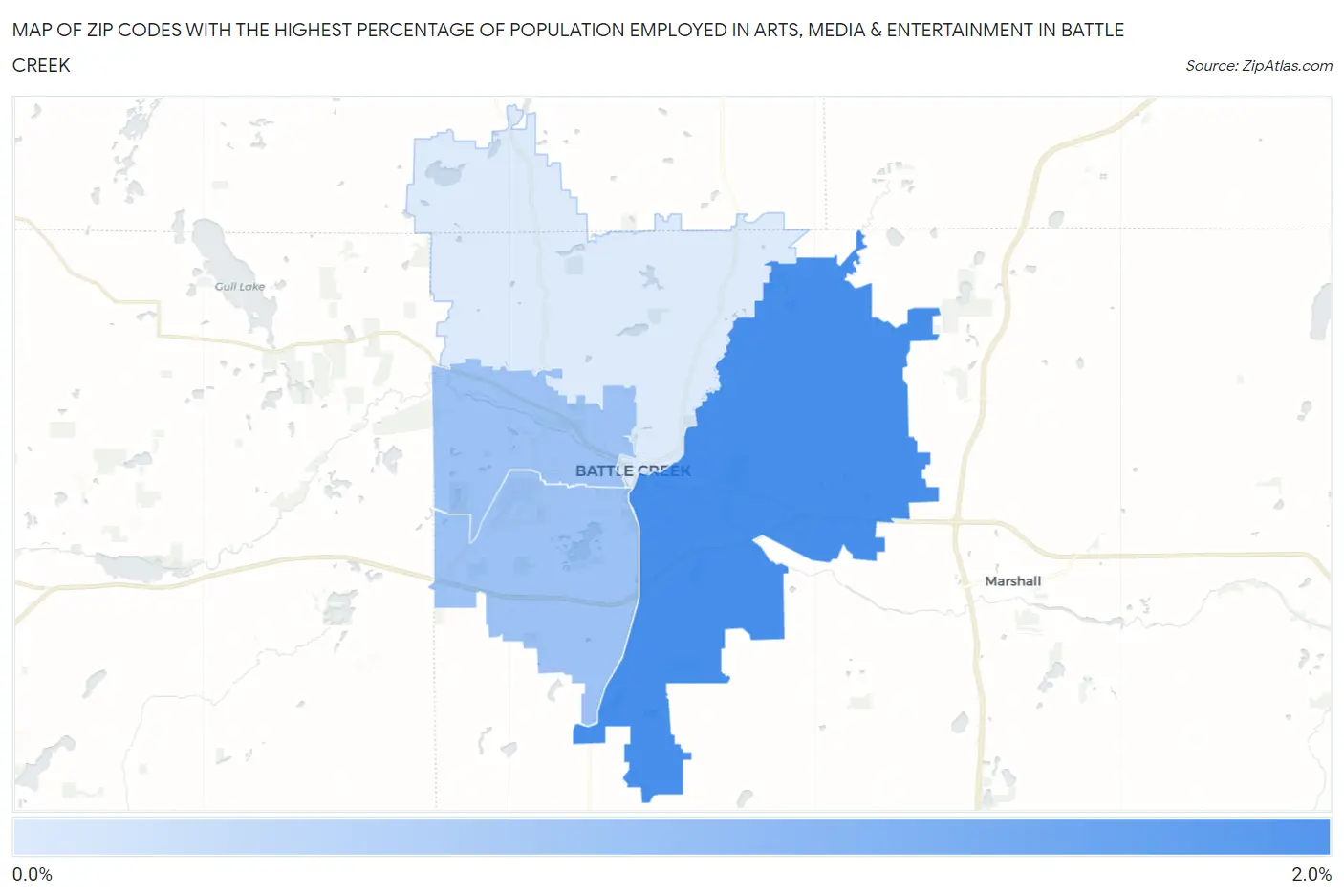 Zip Codes with the Highest Percentage of Population Employed in Arts, Media & Entertainment in Battle Creek Map
