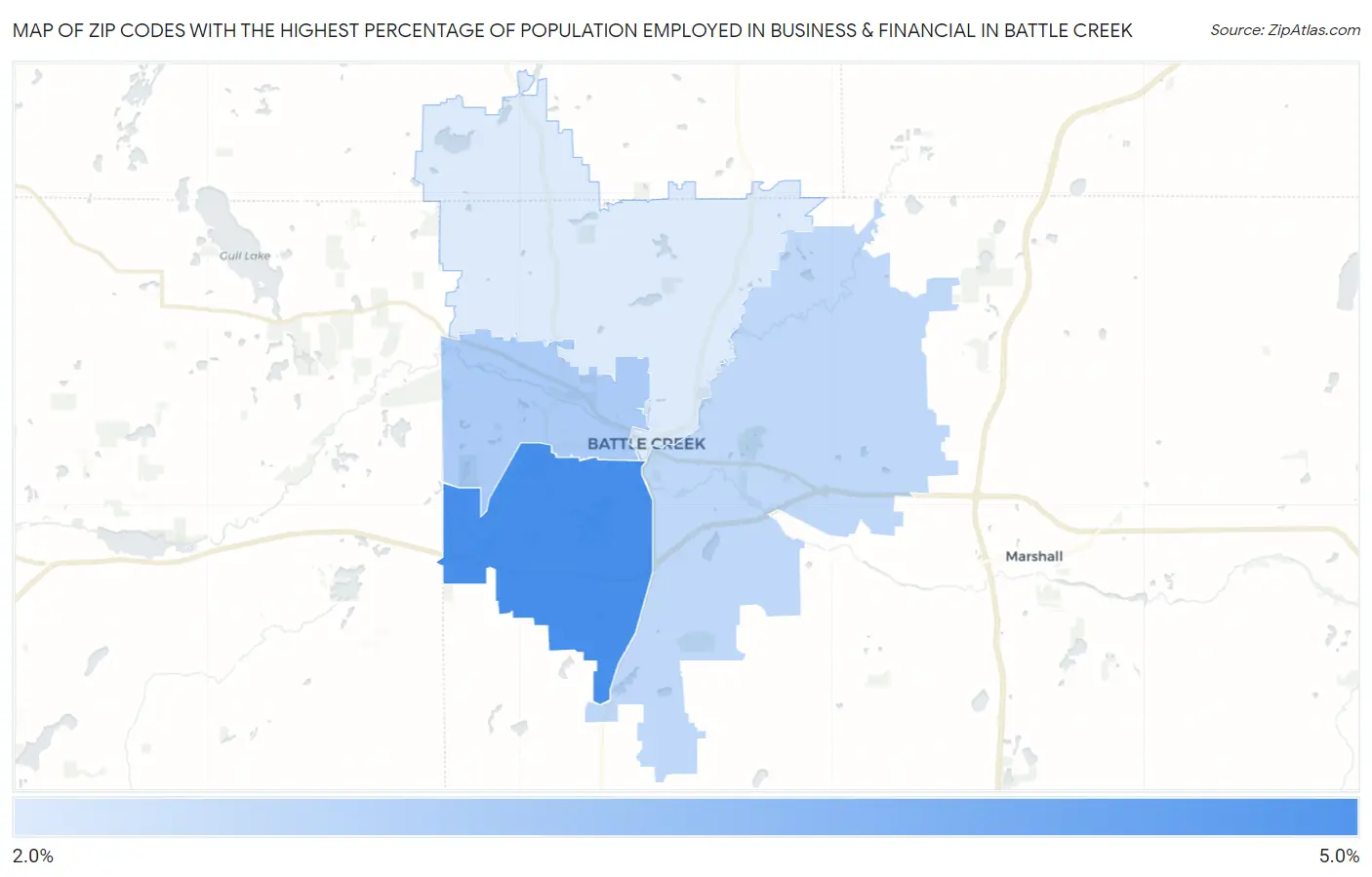 Zip Codes with the Highest Percentage of Population Employed in Business & Financial in Battle Creek Map