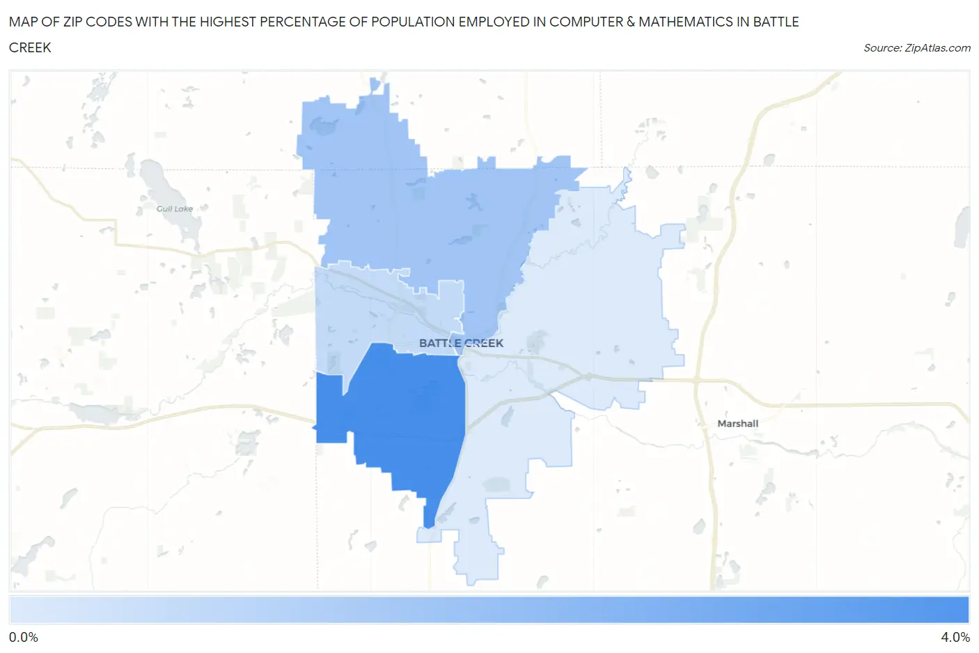 Zip Codes with the Highest Percentage of Population Employed in Computer & Mathematics in Battle Creek Map