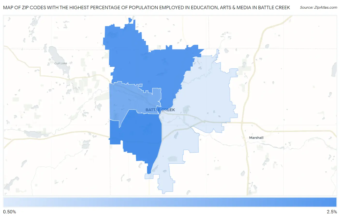 Zip Codes with the Highest Percentage of Population Employed in Education, Arts & Media in Battle Creek Map