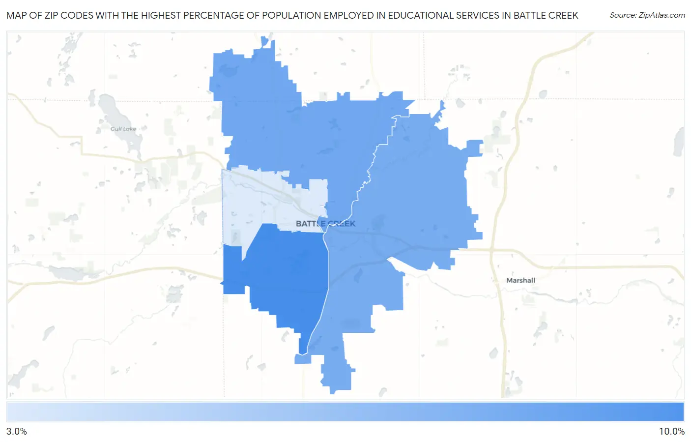 Zip Codes with the Highest Percentage of Population Employed in Educational Services in Battle Creek Map