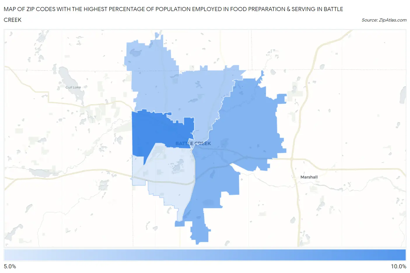 Zip Codes with the Highest Percentage of Population Employed in Food Preparation & Serving in Battle Creek Map