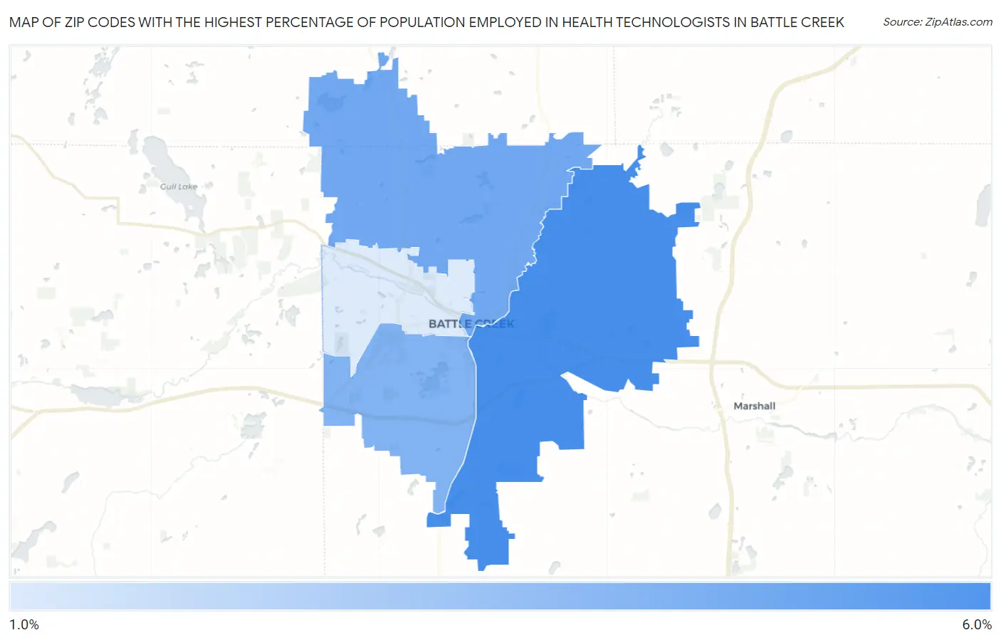 Zip Codes with the Highest Percentage of Population Employed in Health Technologists in Battle Creek Map