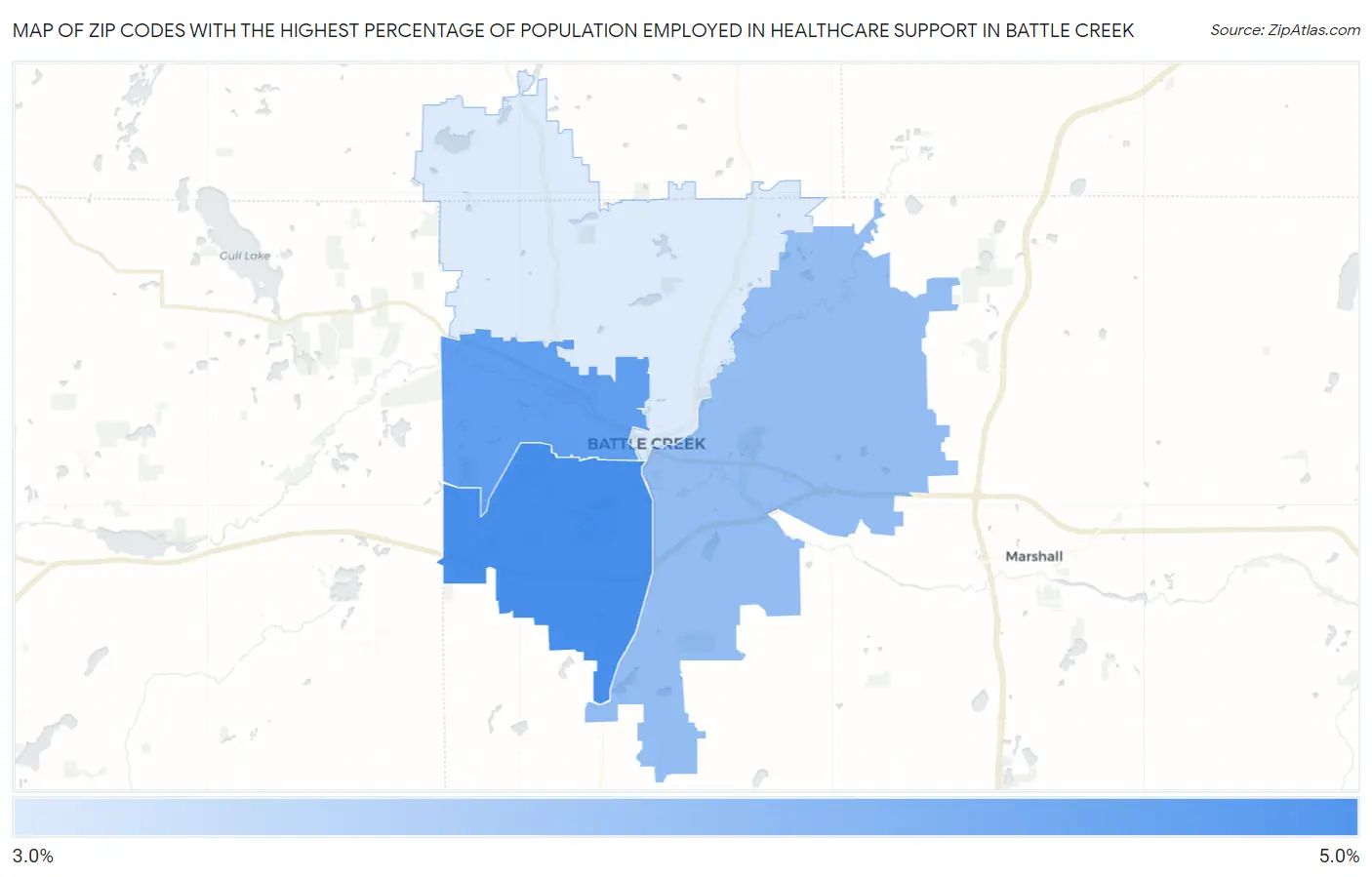 Zip Codes with the Highest Percentage of Population Employed in Healthcare Support in Battle Creek Map