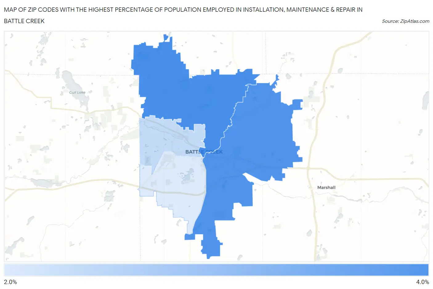 Zip Codes with the Highest Percentage of Population Employed in Installation, Maintenance & Repair in Battle Creek Map