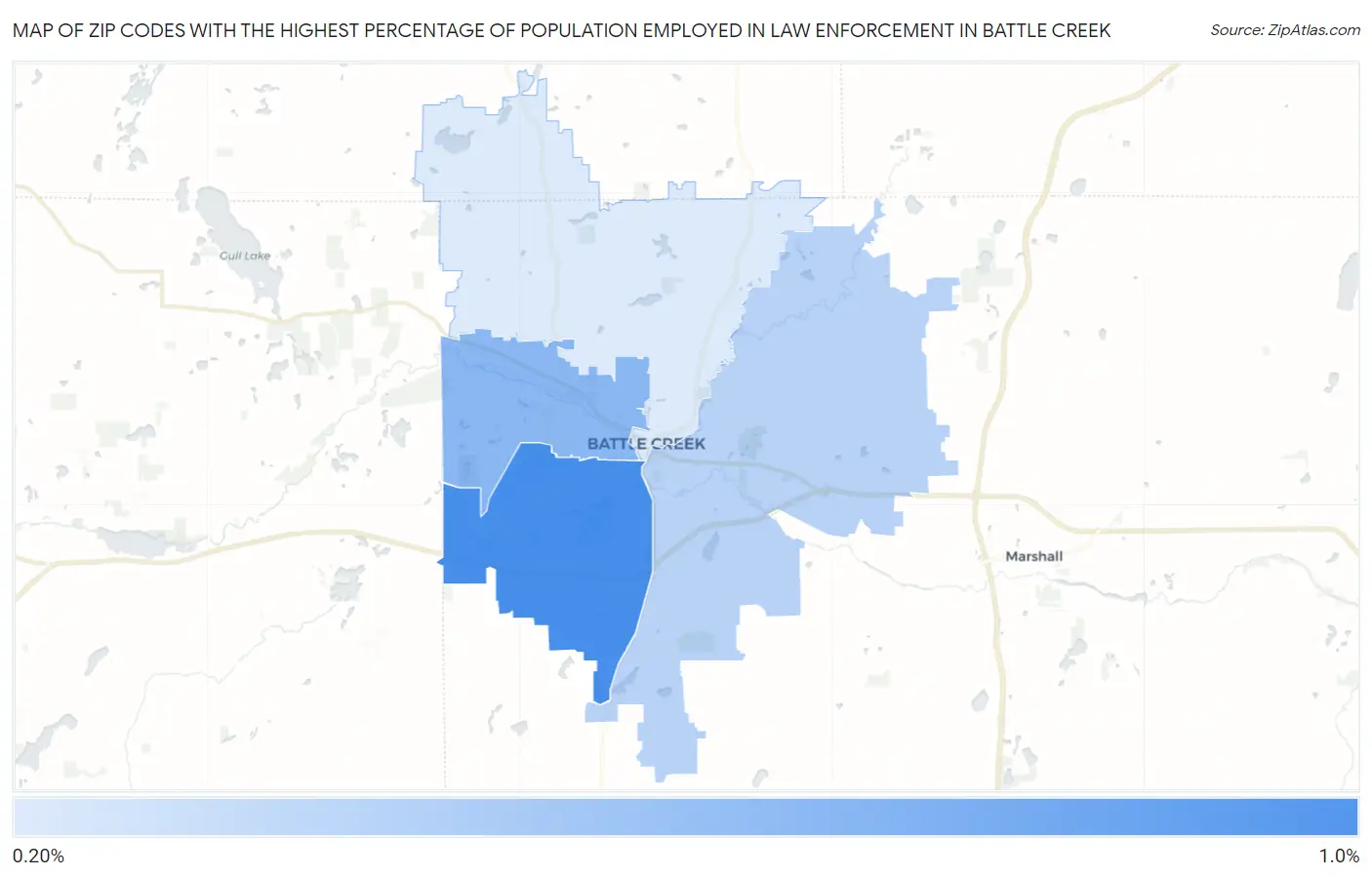 Zip Codes with the Highest Percentage of Population Employed in Law Enforcement in Battle Creek Map