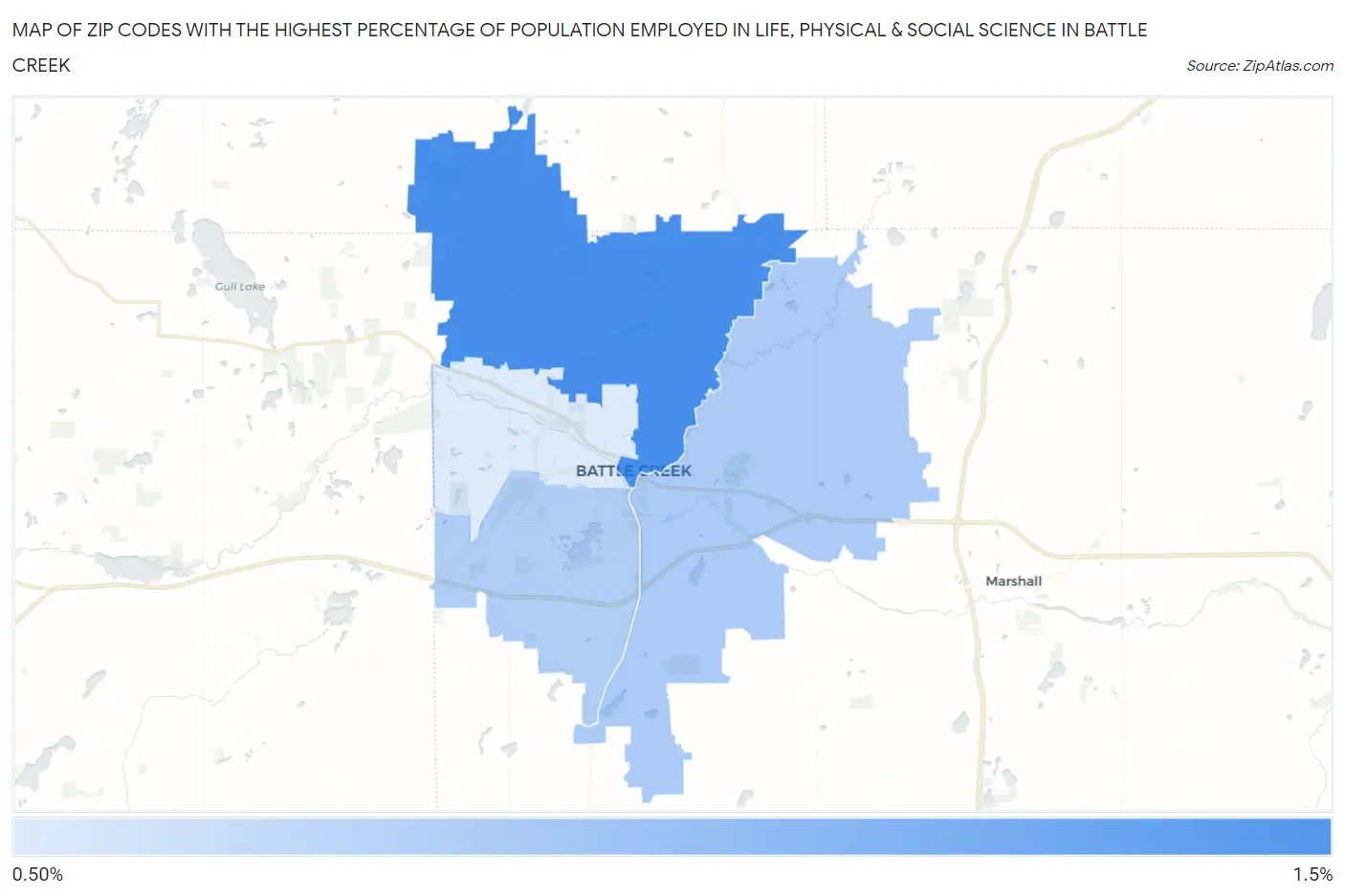 Zip Codes with the Highest Percentage of Population Employed in Life, Physical & Social Science in Battle Creek Map