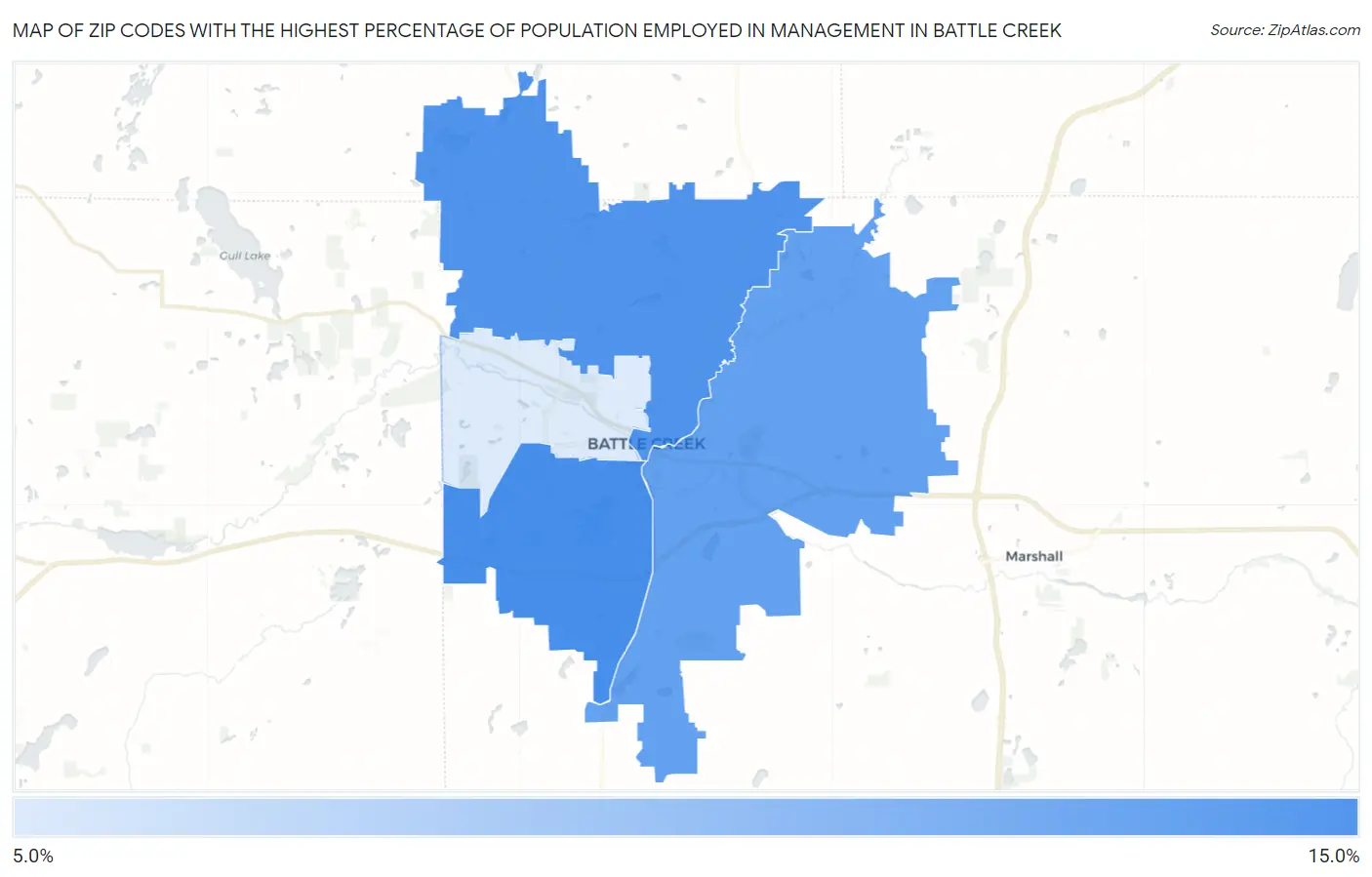 Zip Codes with the Highest Percentage of Population Employed in Management in Battle Creek Map