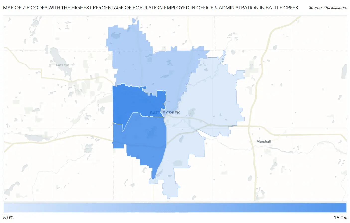 Zip Codes with the Highest Percentage of Population Employed in Office & Administration in Battle Creek Map