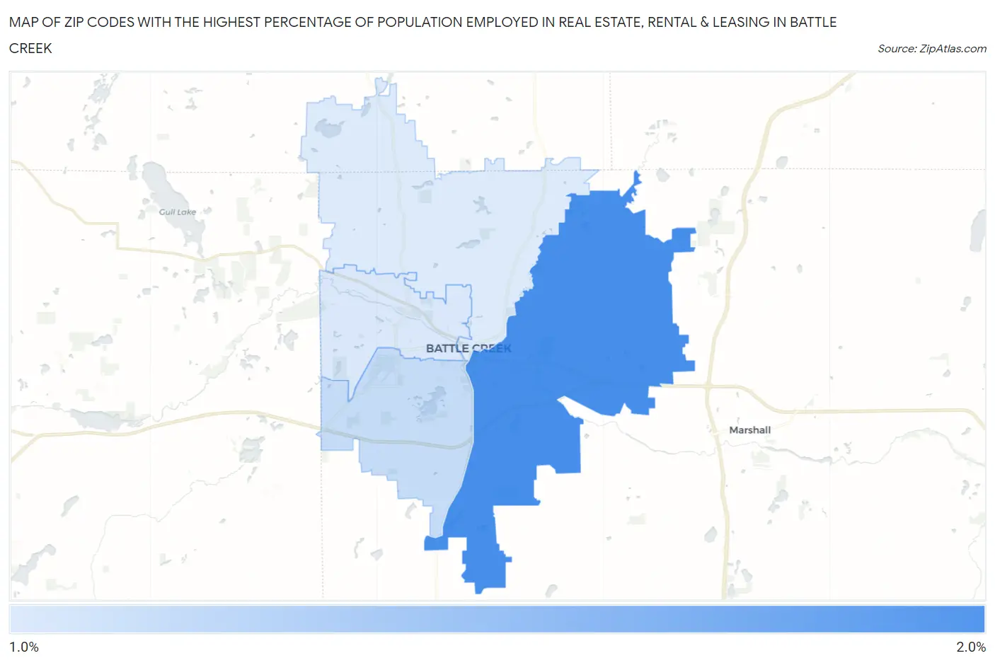 Zip Codes with the Highest Percentage of Population Employed in Real Estate, Rental & Leasing in Battle Creek Map