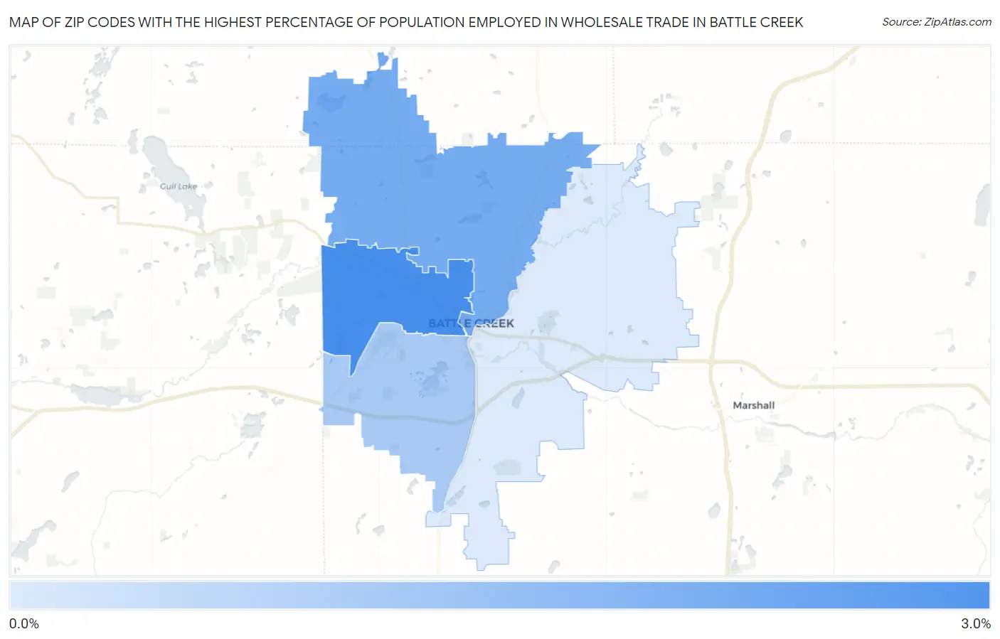 Zip Codes with the Highest Percentage of Population Employed in Wholesale Trade in Battle Creek Map