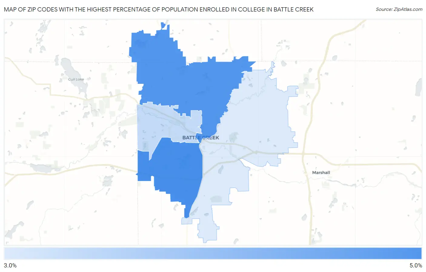 Zip Codes with the Highest Percentage of Population Enrolled in College in Battle Creek Map