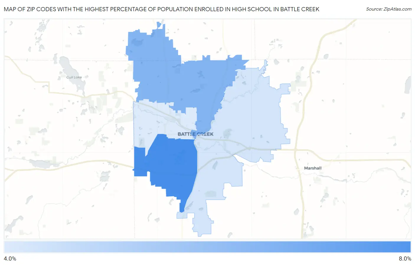Zip Codes with the Highest Percentage of Population Enrolled in High School in Battle Creek Map