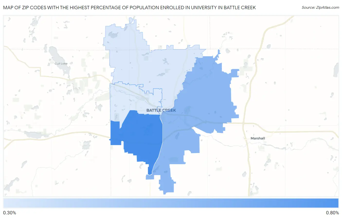 Zip Codes with the Highest Percentage of Population Enrolled in University in Battle Creek Map