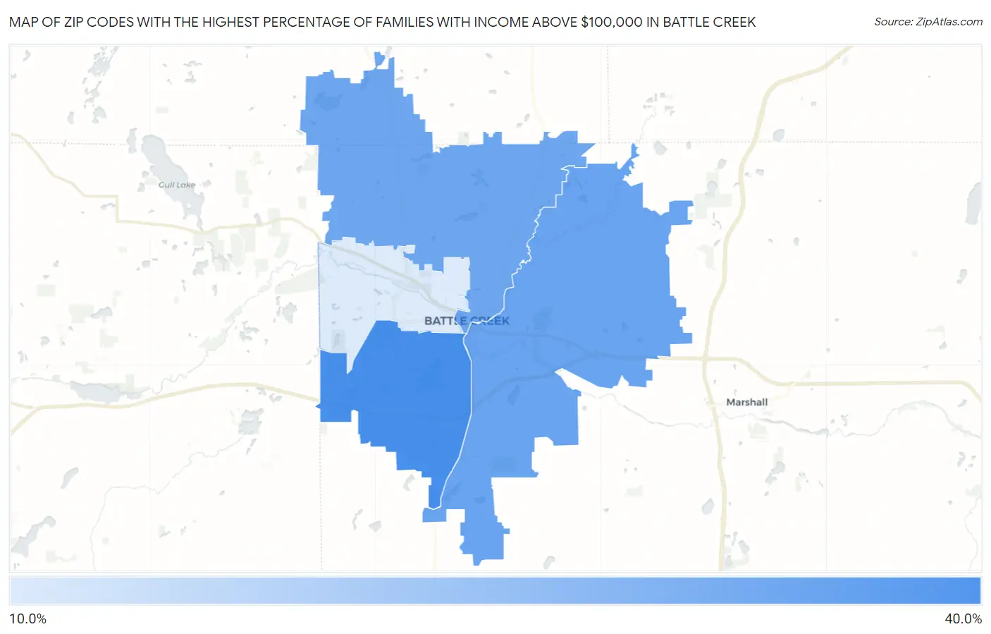 Zip Codes with the Highest Percentage of Families with Income Above $100,000 in Battle Creek Map