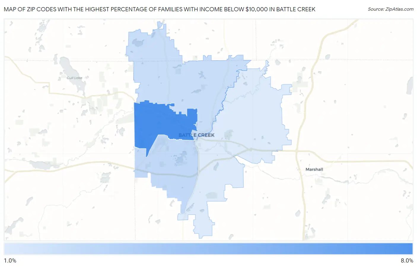 Zip Codes with the Highest Percentage of Families with Income Below $10,000 in Battle Creek Map