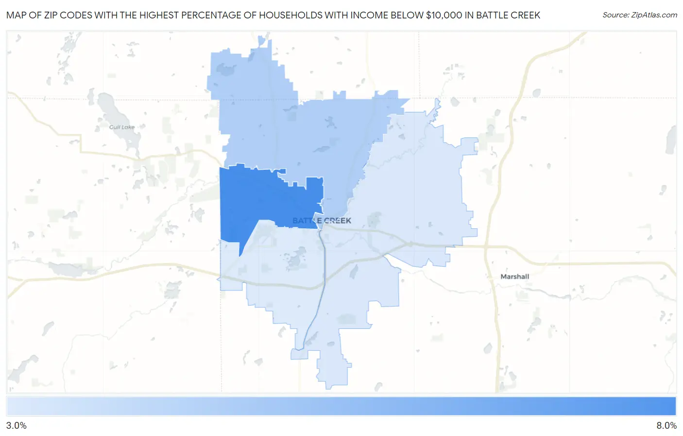 Zip Codes with the Highest Percentage of Households with Income Below $10,000 in Battle Creek Map