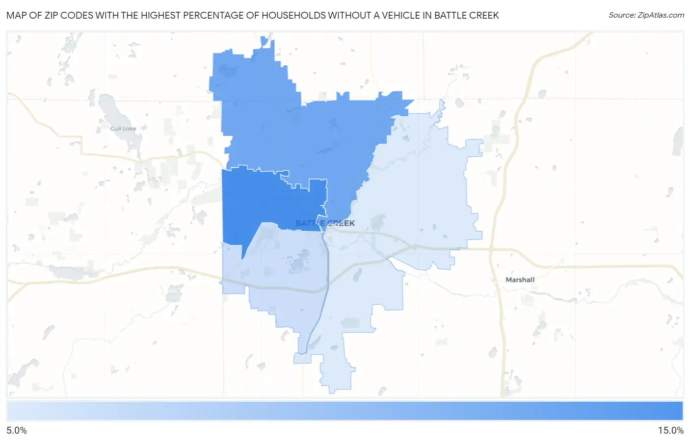 Zip Codes with the Highest Percentage of Households Without a Vehicle in Battle Creek Map