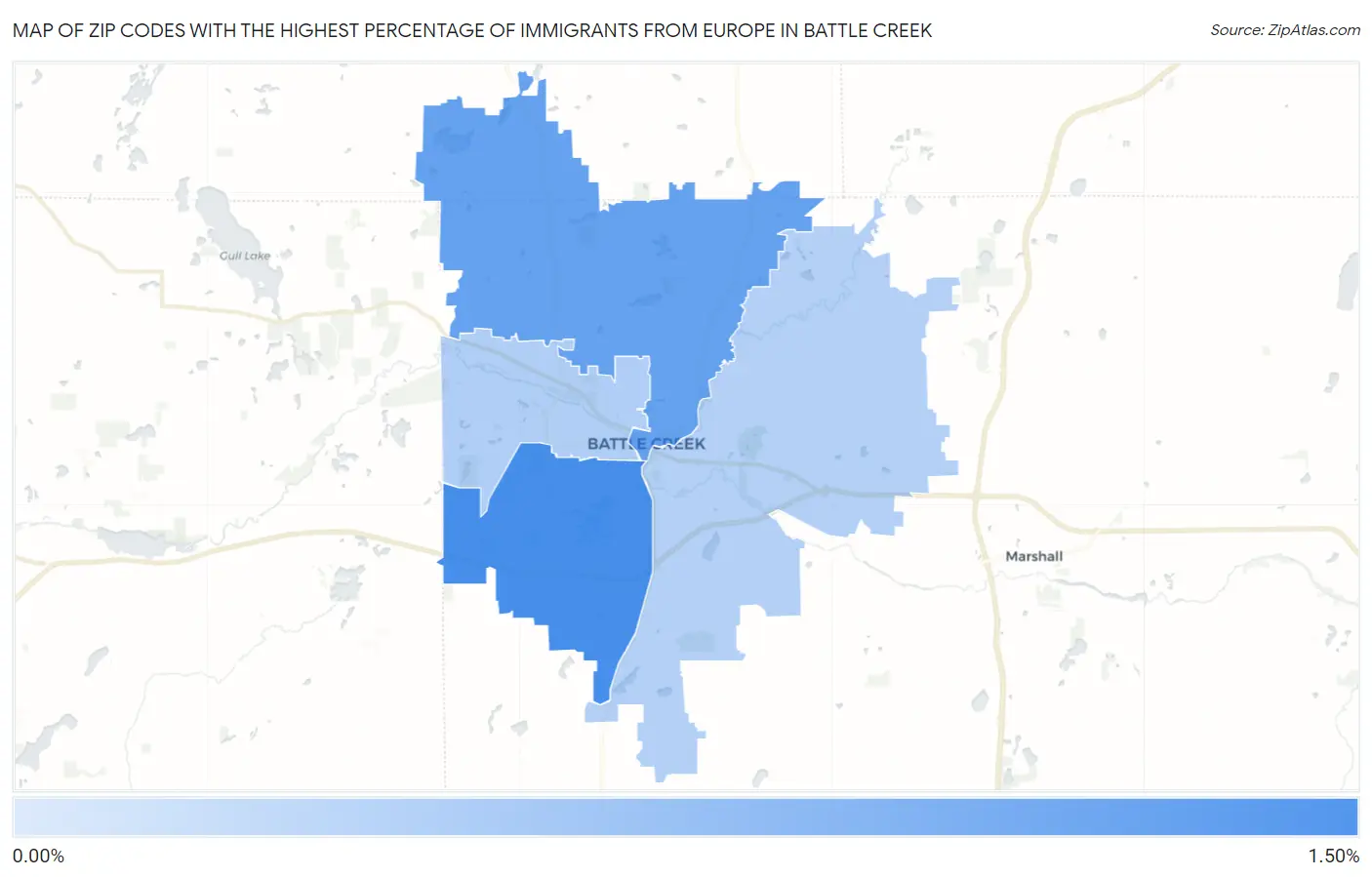 Zip Codes with the Highest Percentage of Immigrants from Europe in Battle Creek Map
