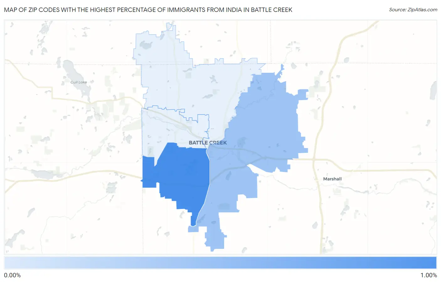 Zip Codes with the Highest Percentage of Immigrants from India in Battle Creek Map