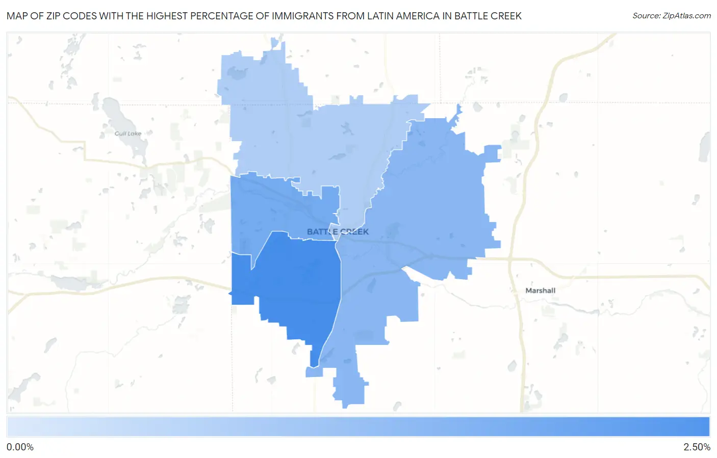 Zip Codes with the Highest Percentage of Immigrants from Latin America in Battle Creek Map
