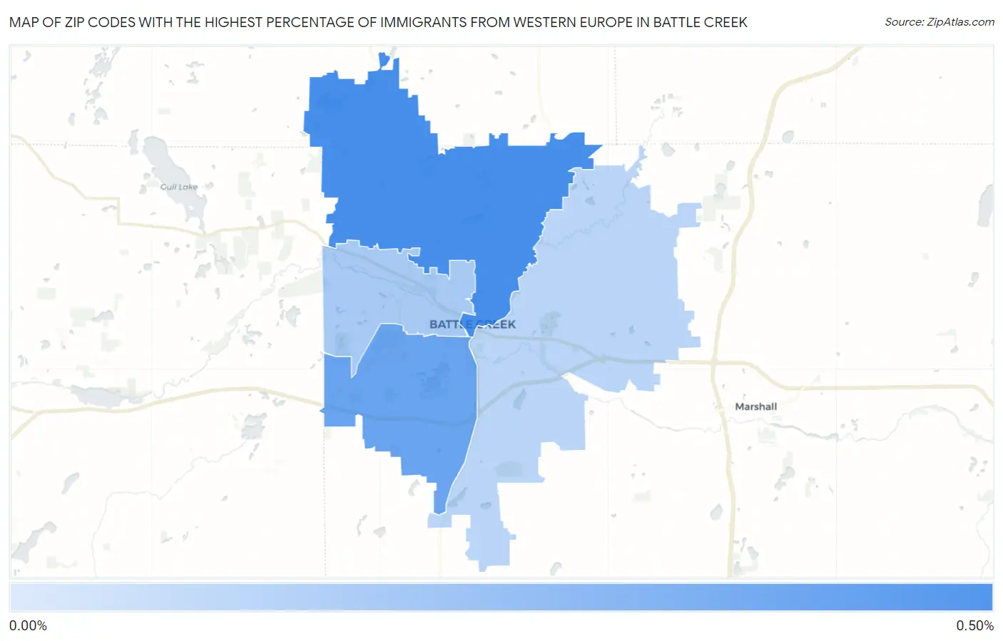 Zip Codes with the Highest Percentage of Immigrants from Western Europe in Battle Creek Map