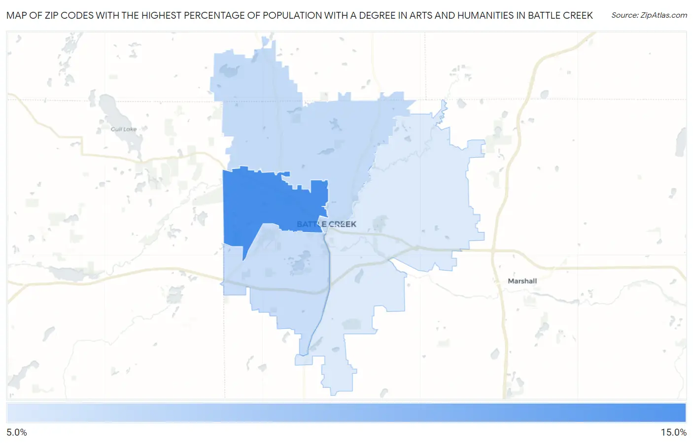 Zip Codes with the Highest Percentage of Population with a Degree in Arts and Humanities in Battle Creek Map