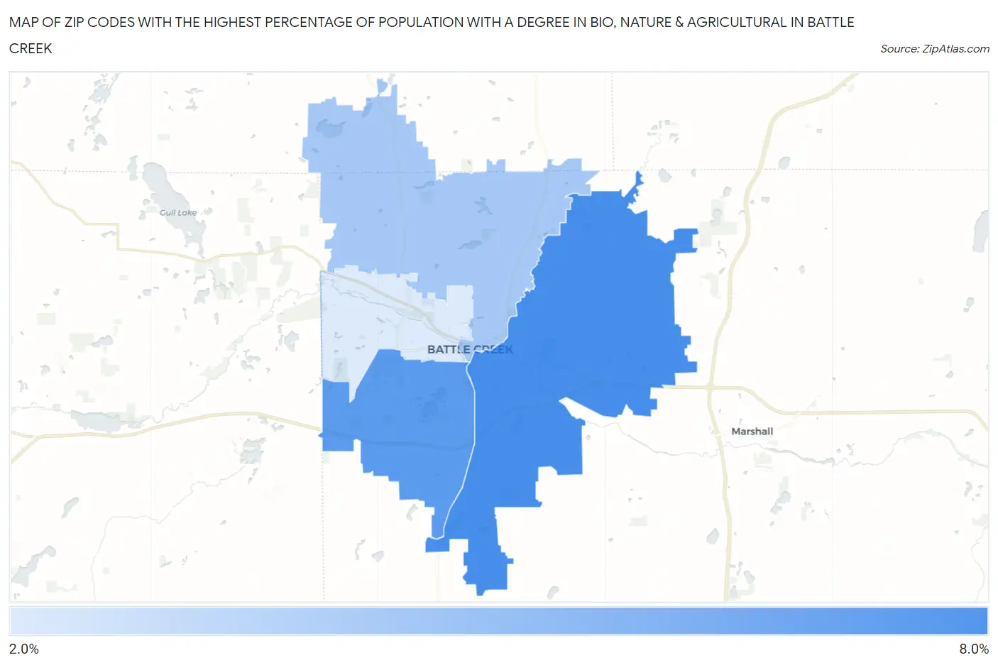 Zip Codes with the Highest Percentage of Population with a Degree in Bio, Nature & Agricultural in Battle Creek Map