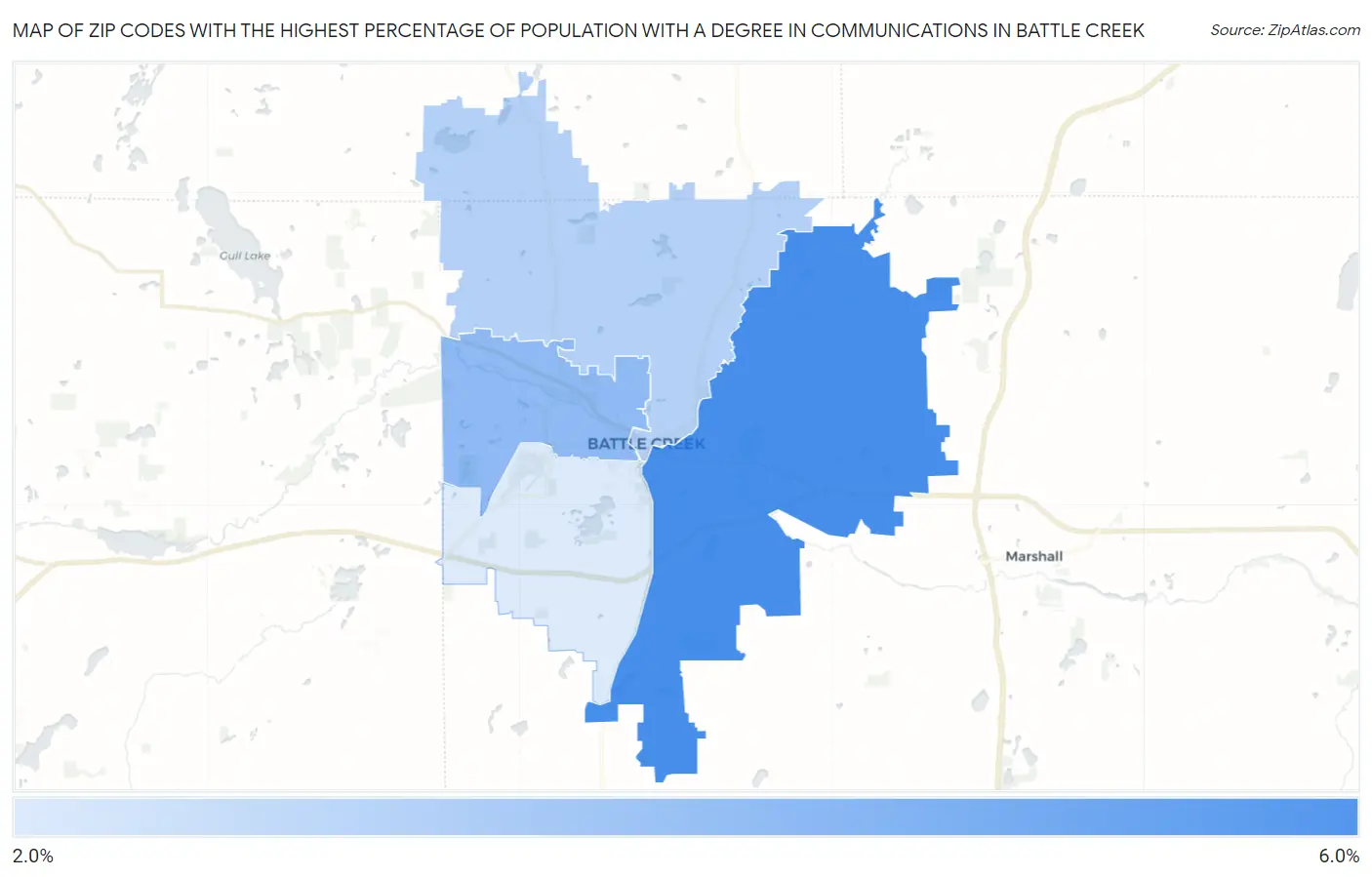 Zip Codes with the Highest Percentage of Population with a Degree in Communications in Battle Creek Map