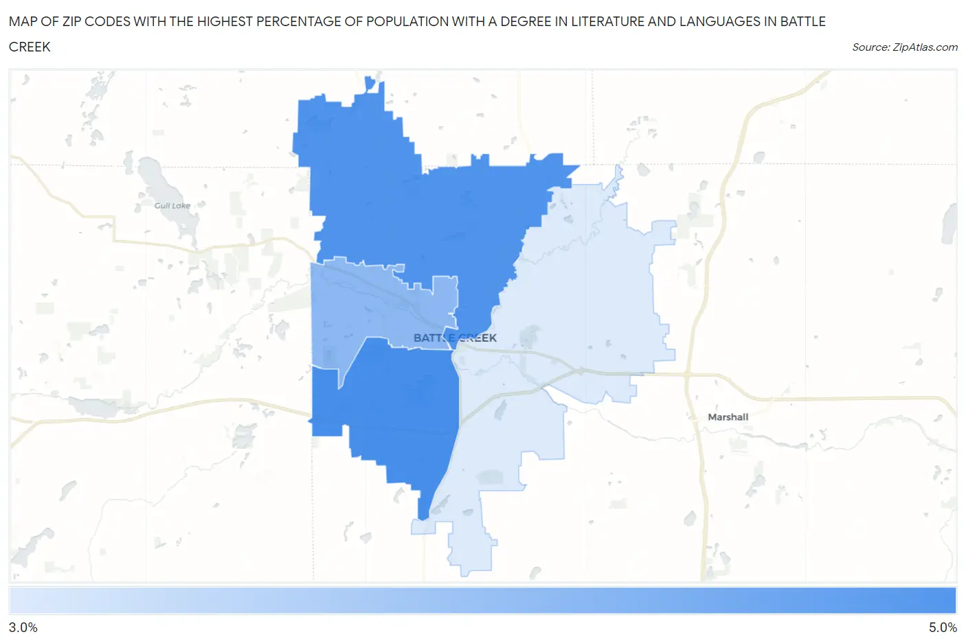 Zip Codes with the Highest Percentage of Population with a Degree in Literature and Languages in Battle Creek Map