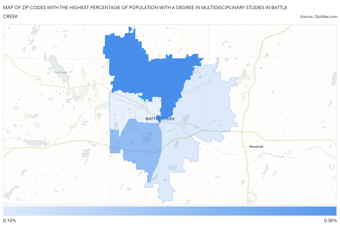 Zip Codes with the Highest Percentage of Population with a Degree in Multidisciplinary Studies in Battle Creek Map