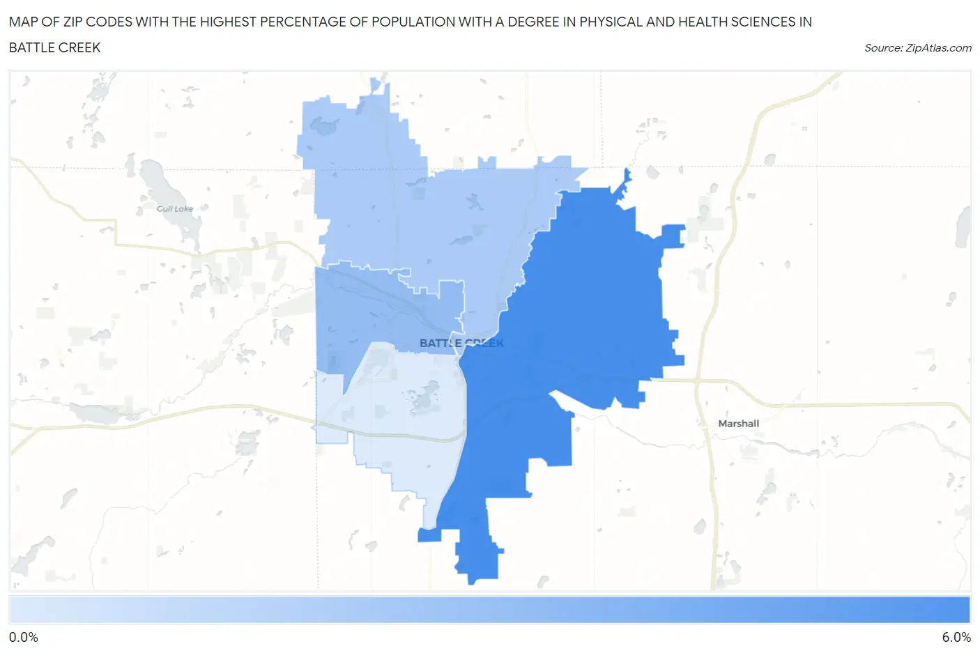 Zip Codes with the Highest Percentage of Population with a Degree in Physical and Health Sciences in Battle Creek Map